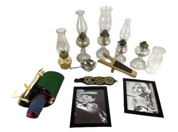 Mixed Lot -  5 Oil Lamps, 2 Marilyn Monroe Pictures, Leather W/Brass Horse Hanging, Pennants - #R3