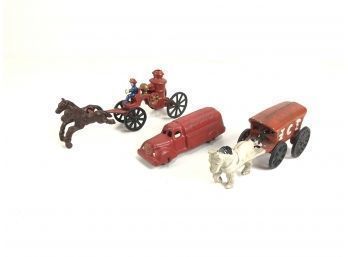 Cast Iron Horse Drawn Fire Truck, Red Standard Tanker Truck & Horse Drawn Ice Wagon - #S13-1