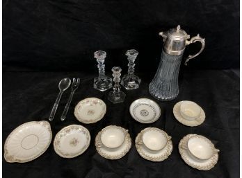 3 Theordore Haviland Cup Saucer, Vintage Crystal Pitcher,  3 Crystal Candlesticks , Plates, Platter , #LR2