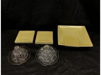 Cut Glass Dome Lid Butter Dishes & Square Salad Bowl Serving Set, Made In Portugal - #R3