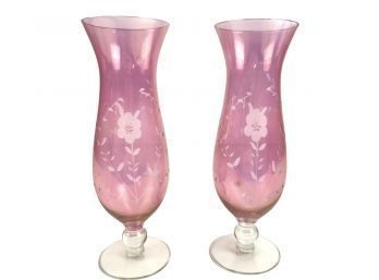 Pair Of Etched Glass Pink Vases - #BS