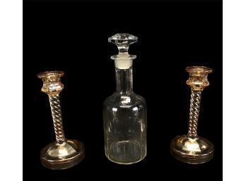 Glass Decanter & Carnival Glass Candle Holders - #BS