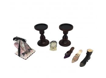 Mixed Lot Of Decorative Victorian Style Shoes And 2 Wooden Pedestals- #S9