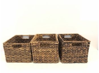 Set Of 3 Wicker Baskets With Side Slot Handles, Great For Storage - #LR2
