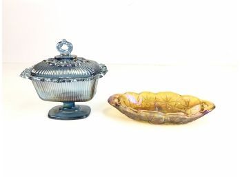 Vintage Carnival Glass Amber Color Dish And Blue Candy Dish With Lid - #BS