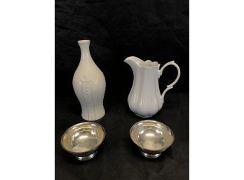 Peppertree Tabletops Fine Porcelain Pitcher, Sorrento Vase, 2 Silverplated Bowls By Heraid- #BS