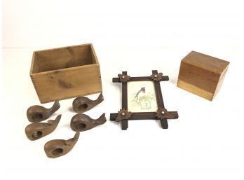Teakwood Whale Napkin Holders, Rustic Carved Wood Frame & Wood Boxes - #S8-R4