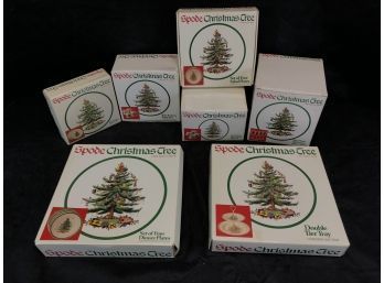 Spode Christmas Tree Set, 4 Dinner, Salad, Party Plates, Mugs, Wine Glasses, Cup & Saucer, Dbl Tier Tray - #R3