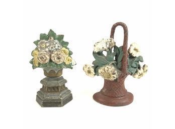 Antique Cast Iron Doorstops, Red Flower Basket & Floral Urn - Possibly Hubley - #S13-1
