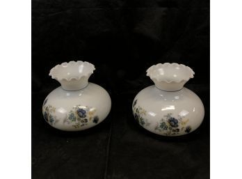 Pair Of Glass Hurricane Lamp Shades With Blue Floral Design - #LR2