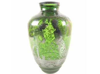 Italian Blown Green Glass Vase With Silver Overlay, Victorian Scene - #BS