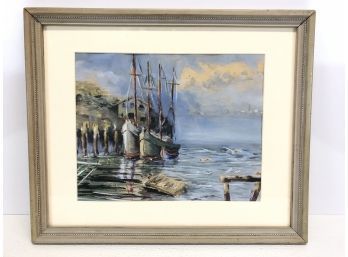 Framed Ships In Harbor Watercolor Painting - #AR2