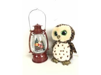 Christmas Red Lantern Snow Globe And TY Beanie Plush Owl - #S1-3