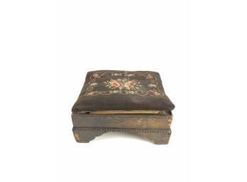 Antique Wood Ottoman Foot Stool With Floral Needlepoint Design - #S7-3