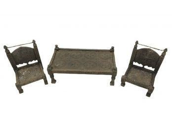Antique Middle Eastern Hand Carved Wood Low Tea Serving Table & Chair Set - #RR1