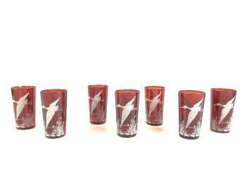 Set Of 6 Retro Red Glass Tumblers, Painted Bird Scene - S12