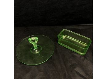 Green Depression Glass - Refrigerator Dish, Handled Serving Tray - #LR2