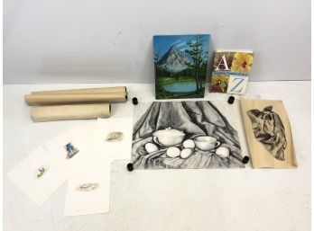 Vintage Art Lot: Illustrations, Painting, Charcoal Drawings, Some Signed - #S4-3
