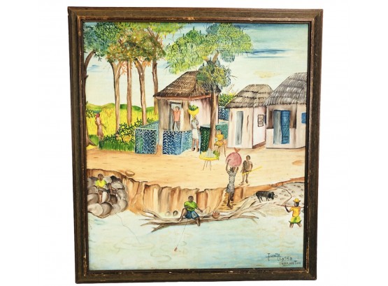 Folk Art Haitian Village Acrylic On Board, Signed Joseph Ulysse Cap. Haitian - #AR2