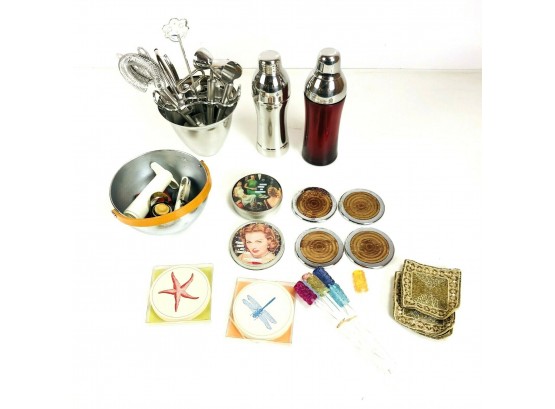 Barware Lot: WMF Stainless Steel Cocktail Shaker, Coasters, Swizzle Sticks & More - #S7-2