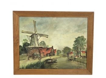 European Windmill River Scene, Oil On Canvas Board, Artist Signed - #AR1