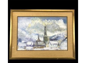 Winter Village Landscape Acrylic On Paper, Signed Bauer - #AR1