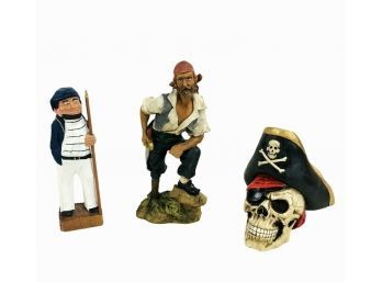 Pirates Of The Caribbean Coin Bank, Pirate Figurine & Carved Wood Sailer - #S1-3