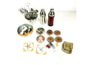 Barware Lot: WMF Stainless Steel Cocktail Shaker, Coasters, Swizzle Sticks & More - #S7-2