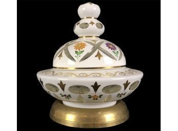 Czech Bohemian Brass Footed Glass Covered Candy Dish - #BS