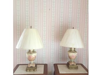 Hand Painted Pink Floral Porcelain Table Lamps - PBR