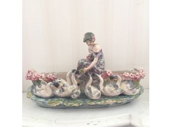 Porcelain Figurine, Woman Feeding Swans - LR