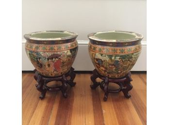 Pair Of Chinese 8' Porcelain Fish Bowl Satsuma Planters On Tall Wood Stands - HW