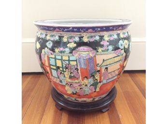 Chinese 12' Porcelain Fish Bowl Planter On Short Wood Stand - HW