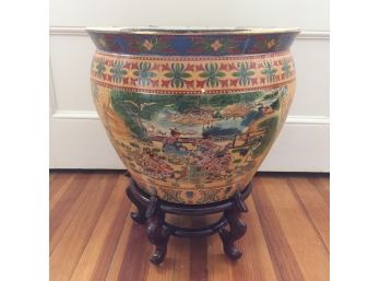 Chinese 14' Porcelain Fish Bowl Planter On Tall Wood Stand - HW