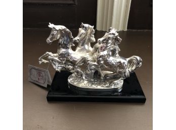 Gold Line 3-Horse Statue With Sterling Silver Overlay, Made In Italy - LR