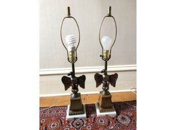 Genuine Carrera Marble Base Brass Eagle Table Lamps, WORKS - 4FBR