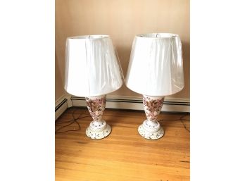 Pair Of Table Lamps, Hand Painted White With Pink Flowers, WORKS - UBR