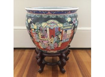 Chinese 10' Porcelain Fish Bowl Planter With Tall Wood Stand - HW