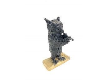 Signed Frank 'WYSO' Wysochansky Outsider Folk Art Coal Sculpture, OWL WITH FLUTE - #BS