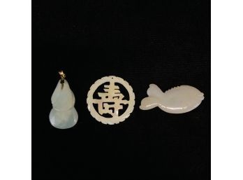 Sterling With Gold Wash Jade Pendant, Jade Fish & Mother Of Pearl Chinese Symbol - #B-3