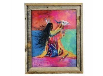1998 Native American Acrylic On Canvas Painting, Signed, Natural Wood Frame - #AR1
