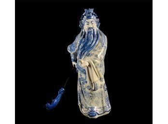 Signed Chinese Blue & White Ceramic God Statue - #S14-2