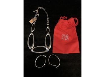 Uno De 50 Silver Plate Chainlink Necklace With Original Tag & Earring Set - #A-3