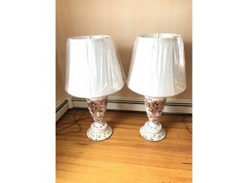 Pair Of Table Lamps, Hand Painted White With Pink Flowers, WORKS - #LR2