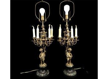 Brass Cherub Candelabra Table Lamps With Matching Lamp Shades Included, WORKS - #RR2