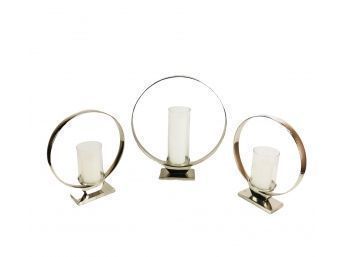 Hammered Metal Round Hurricane Pillar Candle Holders, Set Of 3 - #R3