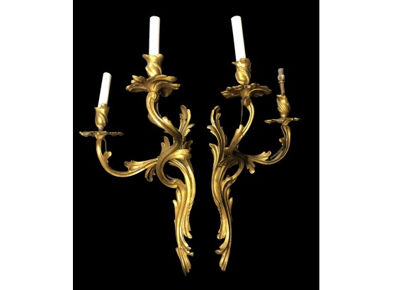 Pair Of Electrified Brass Candelabra Wall Sconces - #R3 (360-182)