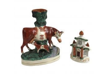 Staffordshire Cow And Calf Spill Vase & Incense Cottage - #BS (193-103)
