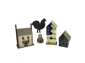 Handcrafted Wood Birdhouses & Metal Rooster Weathervane - #S7-4 (Pink)
