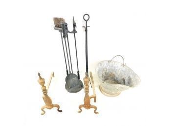 Fireplace Tool Set: Andirons, Fireplace Tools, And Ash Bucket  #W1